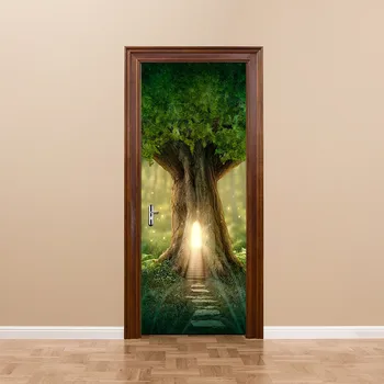 

77*200cm 3D Fantasy Tree House Door Sticker PVC Self Adhesive Waterproof DIY Door Wallpaper For Bedroom Living Room Home Design