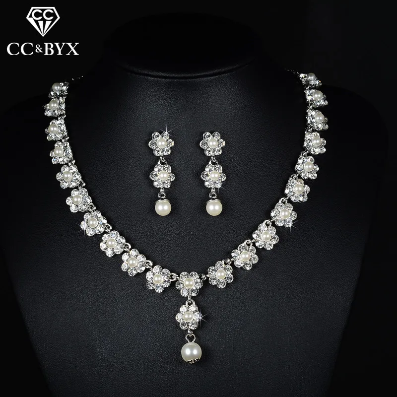 

Beautiful Flower Wedding Jewelry Sets for Bridal Top Crystal & Pearl Necklace Earring Sets for Women Party Accessories D018-A