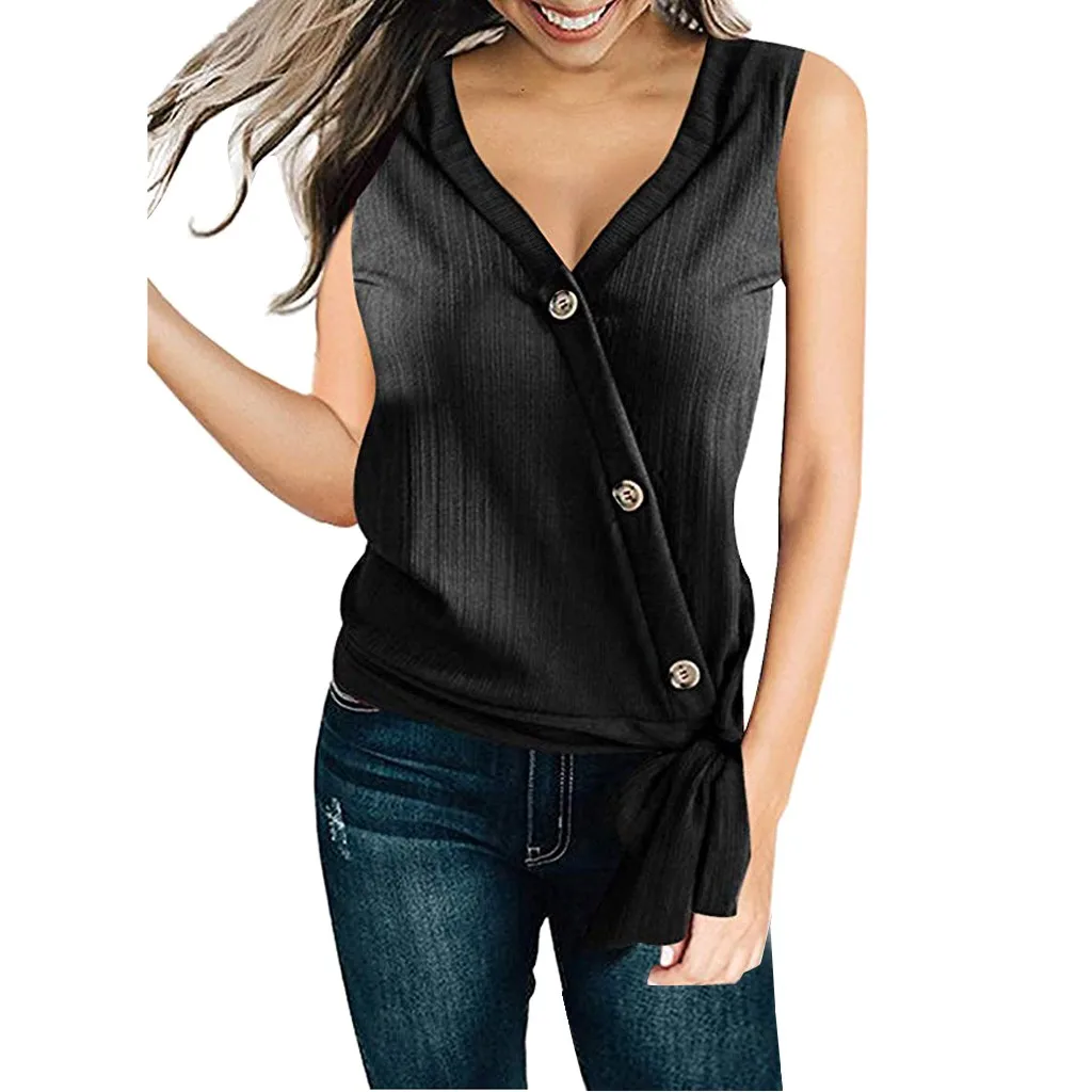 

Women's Blouses sleeveless Sleeve Cross V Neck female shirt Chiffon Solid elegant Tie Knot Front Button ladies Blouse Tops #XSL