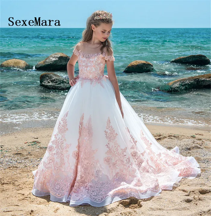 Fancy Pink A Line Flower Girl Dresses Short Sleeves Lace Applique Birthday Dress Christmas Dress with Train Glitz Size 0-16Y Fancy Pink A Line Flower Girl Dresses Short Sleeves Lace Applique Birthday Dress Christmas Dress with Train Glitz Size 0-16Y