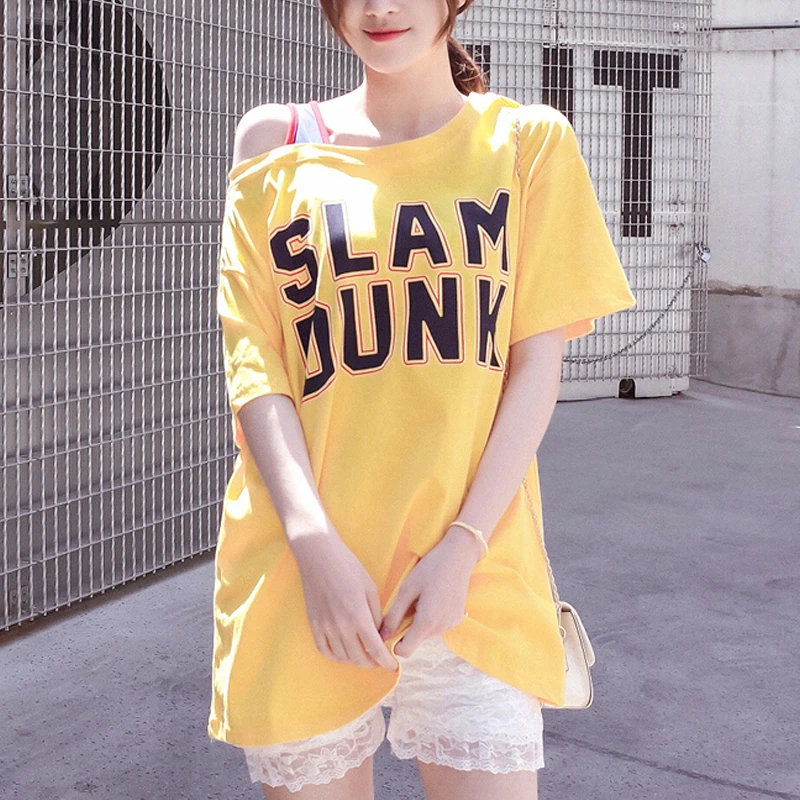 

Casual Tops & Tees New T shirt Short-sleeved Sexy Shoulder Letter Long T-shirt Fashion Color matching Loose Women's tops 222C5