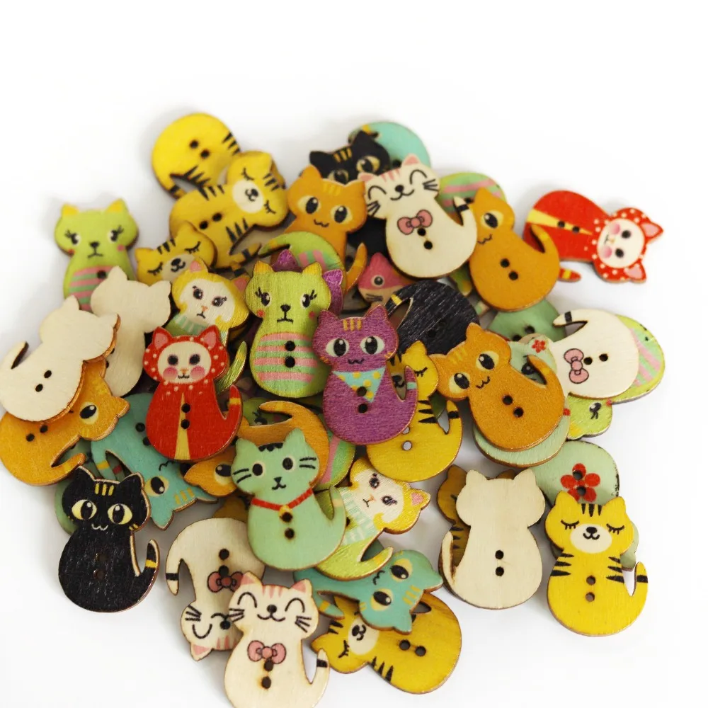 

AMO Cat Mixed Random 2 Holes Cat Shape Wood Wooden Buttons for Sewing Crafting Pack of 50PCS Colorful Cute Cat 8685-B