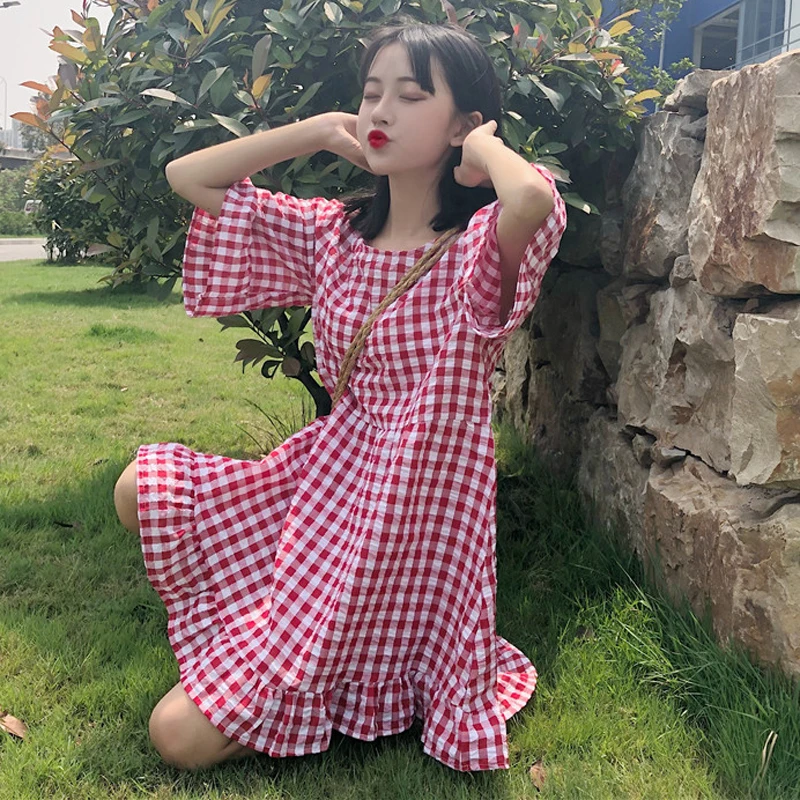 2018 Summer New Female Korean style loose Flare Sleeve short-sleeved Retro plaid Dress Student Fashion Sweet Cute | Женская одежда