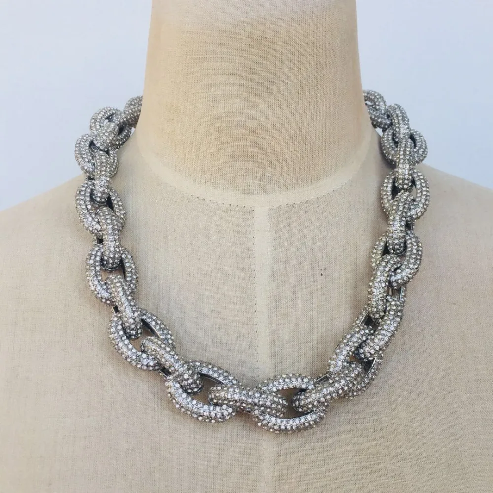 

6 Rows Crystal Pave Link Chunky Cluster Necklace Silver Plated Bib Statement Necklace