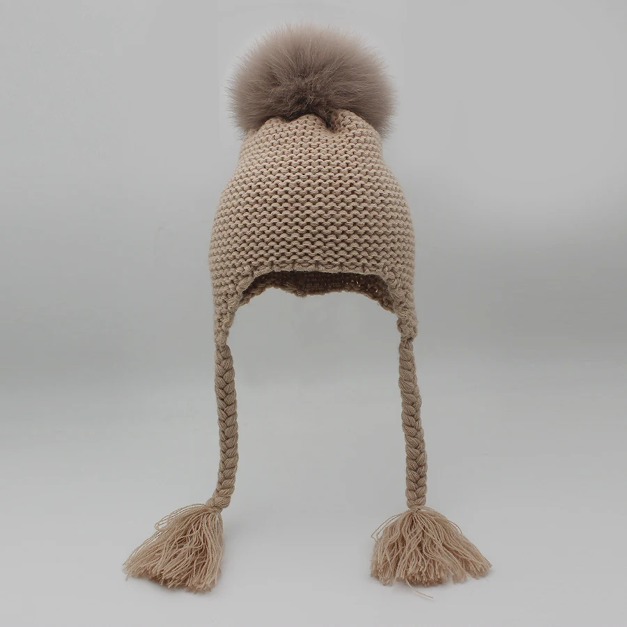 Модные детские зимние теплые вязаные шапки из меха лисы с помпоном, защищающие уши, натуральный мех, шапочки с помпонами, детские шапки унисекс