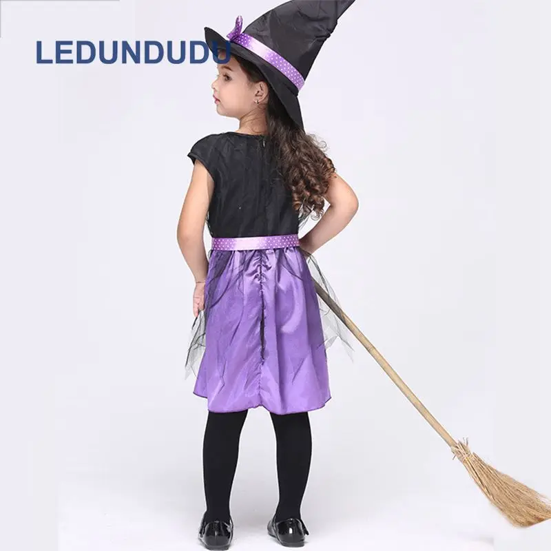 Kids Purple Witch Cosplay Costume with Hat Children Halloween Party Holiday Performance Clothes Girls Black Magic Witch Dress (9)