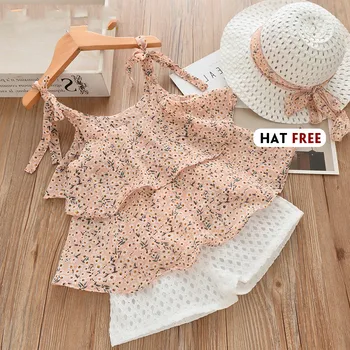 

Girls Clothing Sets 2020 Summer Kids Clothes Floral Chiffon Halter and Embroidered Shorts Straw 3 Pcs Children Clothing