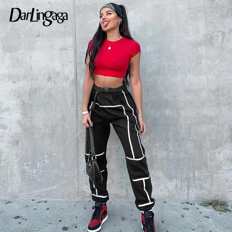 

Darlingaga Streetwear Track Reflective Pants Women Joggers Stripe Hip Hop Trousers High Waist Pants Sweatpants Baggy Capris 2019