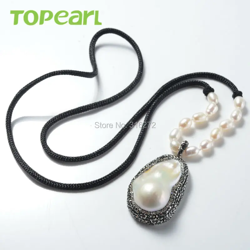 FN511 CKKU Jewelry White Baroque Beads Rhinestone Studded Black Rope