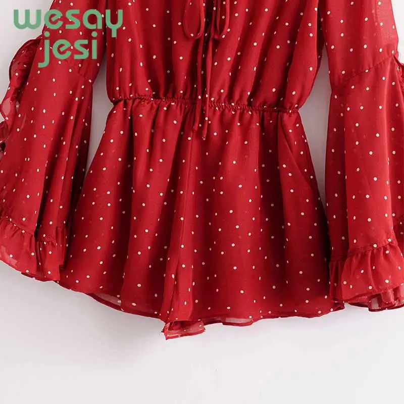 Women Red Bohemian Playsuit Dot Printed Rompers Long Flare Sleeve Jumpsuit Elegant Ruffles Sleeve Chiffon Playsuit Women Red Bohemian Playsuit Dot Printed Rompers Long Flare Sleeve Jumpsuit Elegant Ruffles Sleeve Chiffon Playsuit