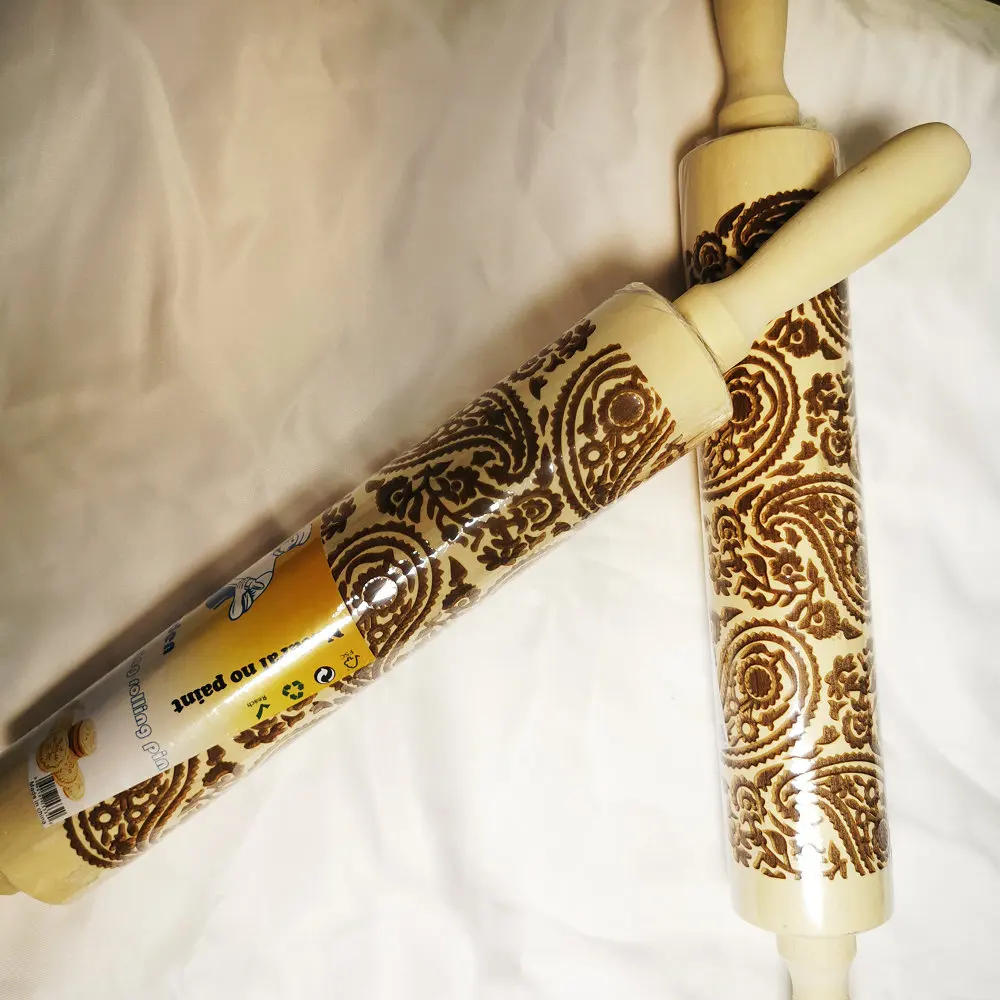 

1pc FDA Paisley Embossed Patterned Rolling Pin Baking Cookies Biscuit Fondant Cake Dough Engraved Roller Reindeer Embossing Mold