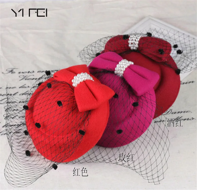 Wedding Hats Dress Fedoras Fascinator Hats for Women Winter Embroidered Veil cotton Felt Pillbox Hats for Formal Cocktail Party