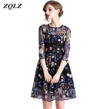 Zqlz элегантное винтажное кружевное платье с цветочной вышивкой Женская одежда с круглым вырезом и рукавом три четверти размера плюс облегающие вечерние платья