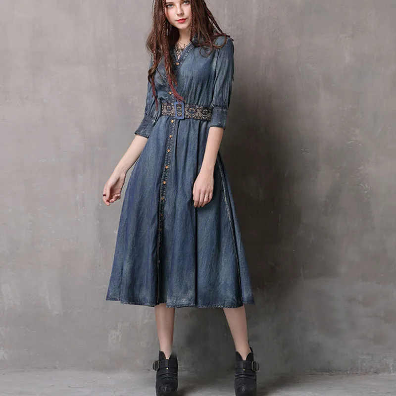 цена Free Shiping 2023 Vintage Women Long Mid-calf Single-breasted Spring Denim Cotton Embroidery S-2XL V-neck Dress With Belt