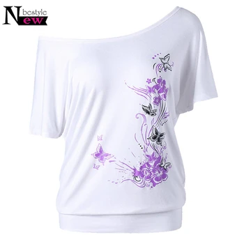 

Sexy T Shirt Women Fashion Skew Collar Short Sleeve Oblique Off Shoulder Butterfly Print Tshirt Women Cotton Plus Size T-shirts