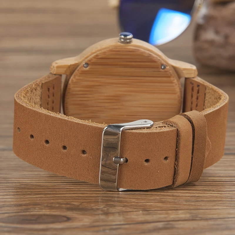 BOBO BIRD V-A16 Fashion Men Wooden Quartz Watch High Quality Bamboo Wristwatch with Brown Leather Band Erkek Kol Saati