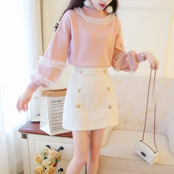 

lace pullover sweater long sleeve turtleneck top & Double-breasted skirts women 2 pcs clothing set knitwear girl outfit 2018