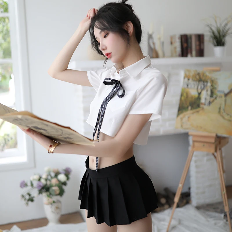 Милые японские форма секретаря из органической кожи; пикантная белая рубашка черный мини-юбка Нижнее белье Ролевые игры Для женщин каваи белье набор