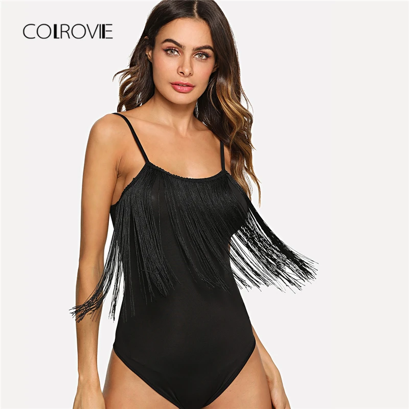 

COLROVIE Black Fringe Embellished Skinny Bodysuit Tassel Summer Sexy Bodysuit Women 2018 New Stretchy Strap Rock Girl Bodysuits