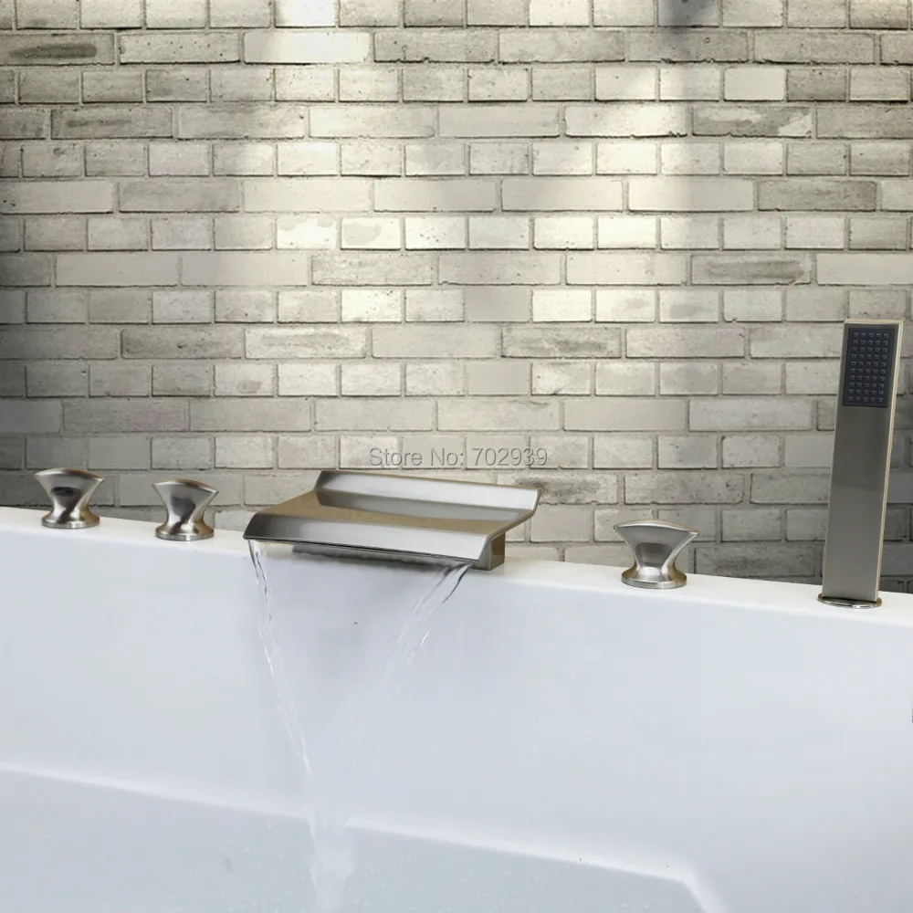 Contemporary Nickel Brushed Five Holes Three Handles Waterfall Bathtub