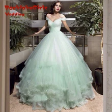 custom made romantic light green Wedding Dresses 2017 cap sleeve ball gown tulle women marry bridal gown vestido de noiva
