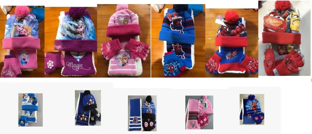 

1set mickey avengers princess knit beanie hat children Christmas thick winter knitted scarf gloves hat set party kids gifts 2-8Y