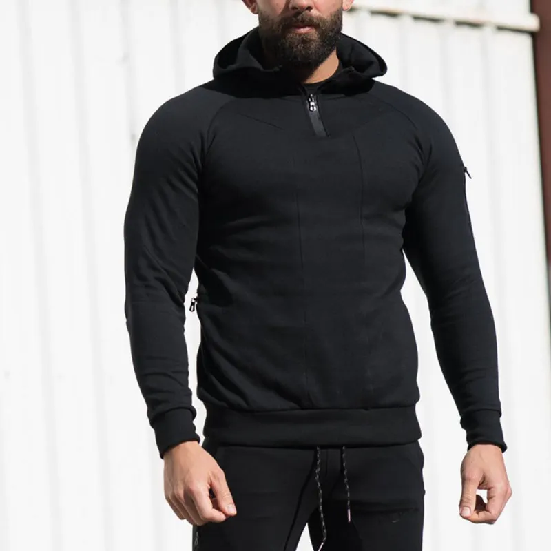 Mens Running Zipper Hoodies Muscle Gyms Fitness Long Sleeves
