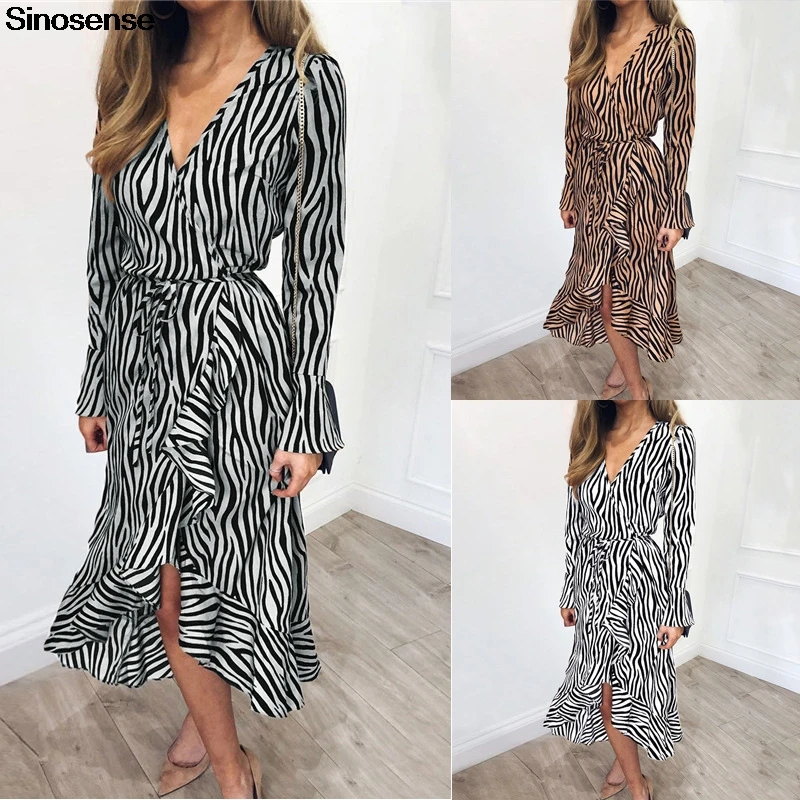 New Spring Autumn Zebra Print Women Chiffon Dress 2019 V Neck Ruffles Long Sleeve Elegant Evening Party Dresses Maxi | Женская одежда
