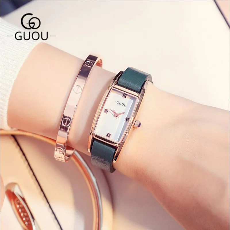 Beste GUOU Mode vrouwen Horloges Luxe Diamant Horloge Vrouwen Horloges Lederen Dameshorloge relogio feminino saat reloj mujer