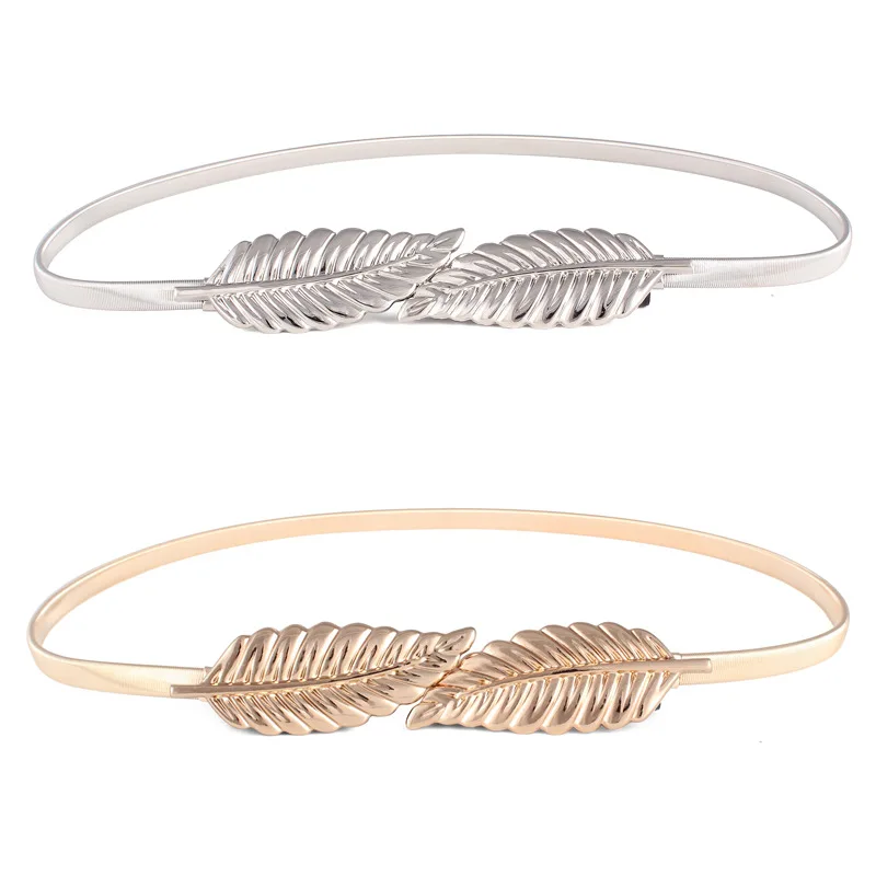 

Hot Women Belt Leaf Design Clasp Front Stretch Metal Waist Belt Skinny Elastic Ceinture Thin Belts For Women Dress