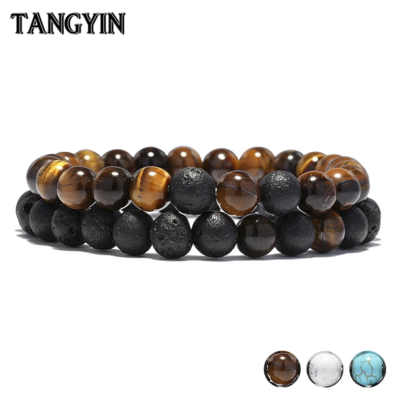 

Hot 8 MM Natural White Pine Tiger Eye Scrub Yin and Yang Distance Couple Bracelet Set Friendship Bracelets For Men And Women