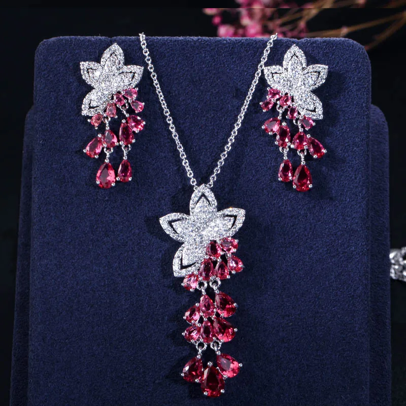 BeaQueen Розовый Красный кубический цирконий кристалл цветок кисточкой Висячие серьги ожерелье элегантные вечерние Ювелирные наборы для женщин JS172