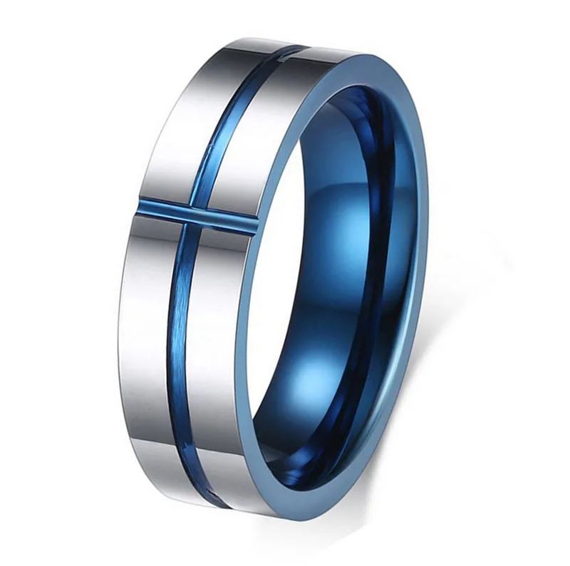 

NFS 6mm Gold And Blue Cross Stainless Steel Ring For Couples Men Women Wedding Engagement Ring Office US Size 7-11