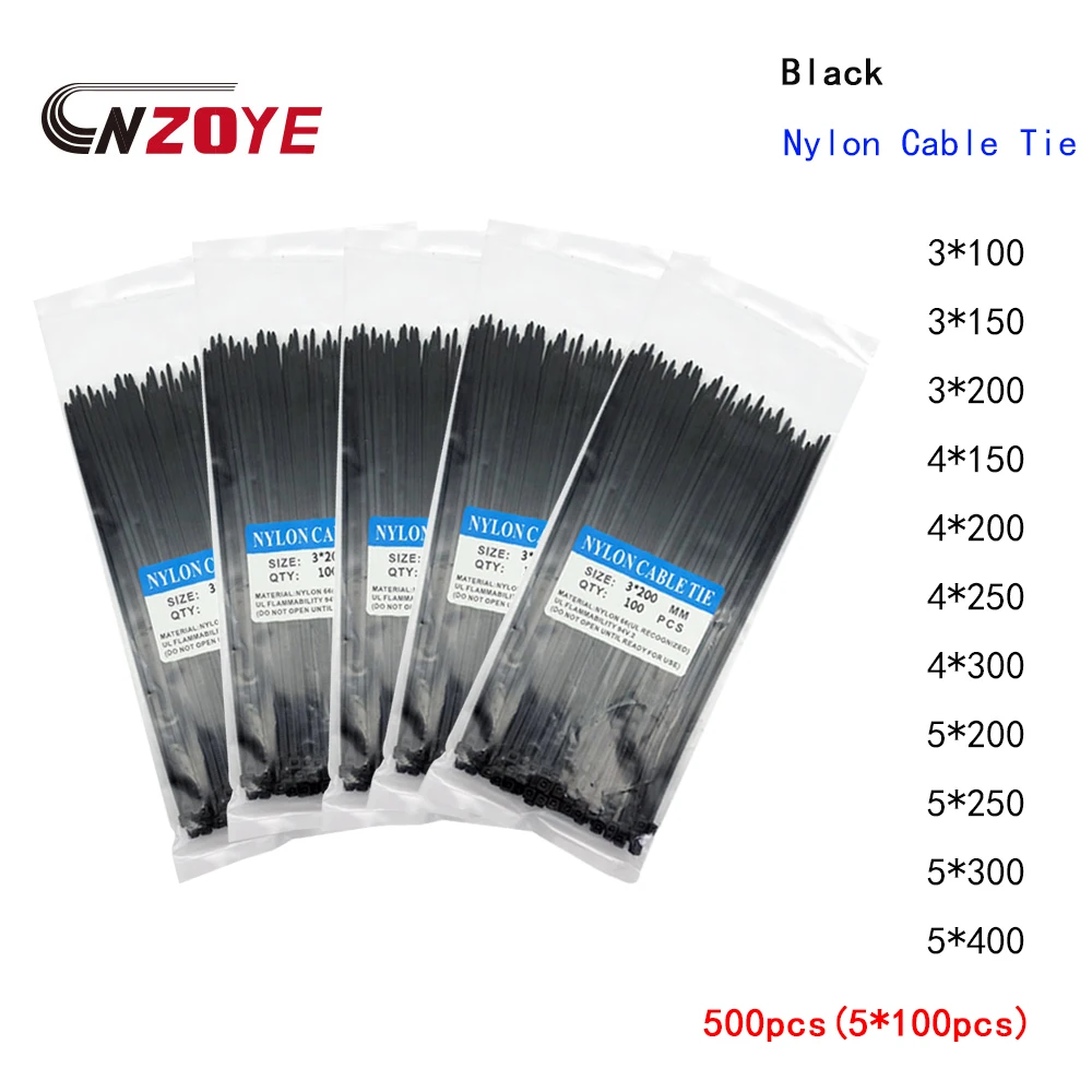 

Self-Locking Plastic Nylon Wire Cable Zip Ties 500pcs Black Cable Ties Fasten Loop Cable Various specifications