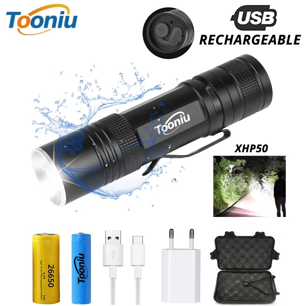

USB Rechargeable XHP50 LED Tactical Flashlight Powerful 3 Lighting Modes Zoomable Waterproof Torch Using 18650 or 26650 Battery