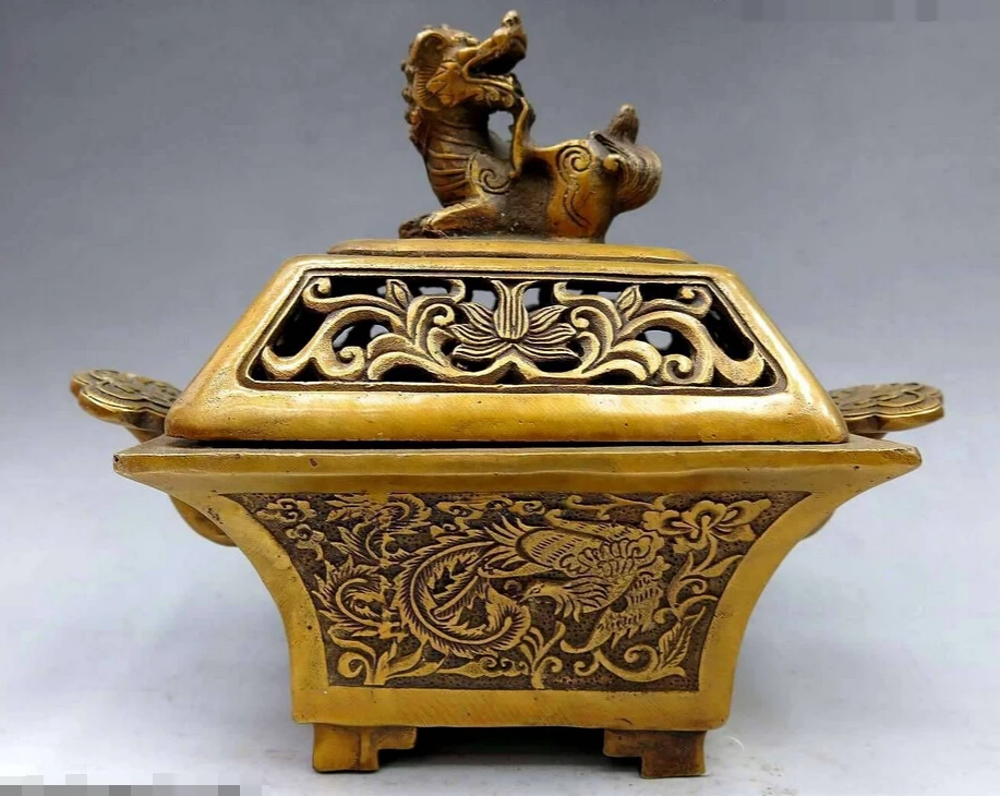 

bi002575 7" China bronze gild buddhism Foo Dogs Lion phoenix censer incense burner Statue