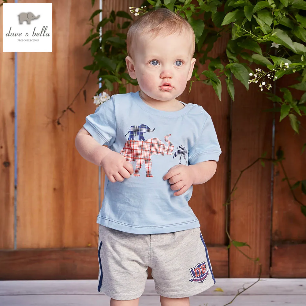 DB4573 dave bella summer baby boys clothing set blue printed sets child sets infant clothes kids