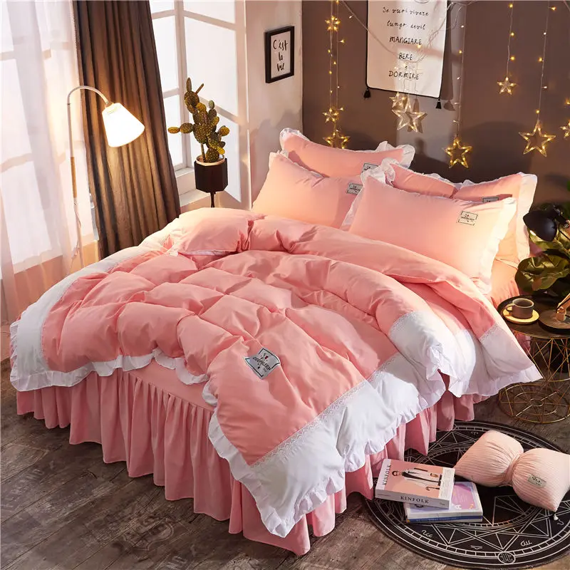 

White pink Lace Princess Wedding Bedding sets High quality Home Textile Queen King size fashion Duvet cover Bed skirt Pillowcase
