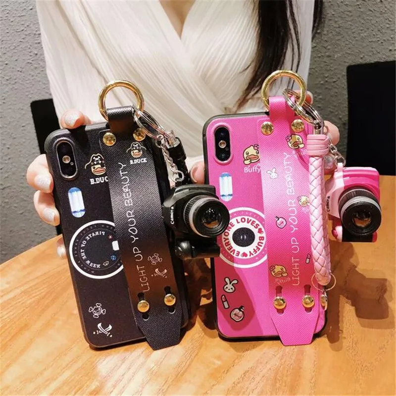 Luxury Retro 3D Stand Camera Phone Case For iphone X 10 6 6s 7 8 6plus 7plus 8plus Bling Soft TPU Cover with Lanyard |