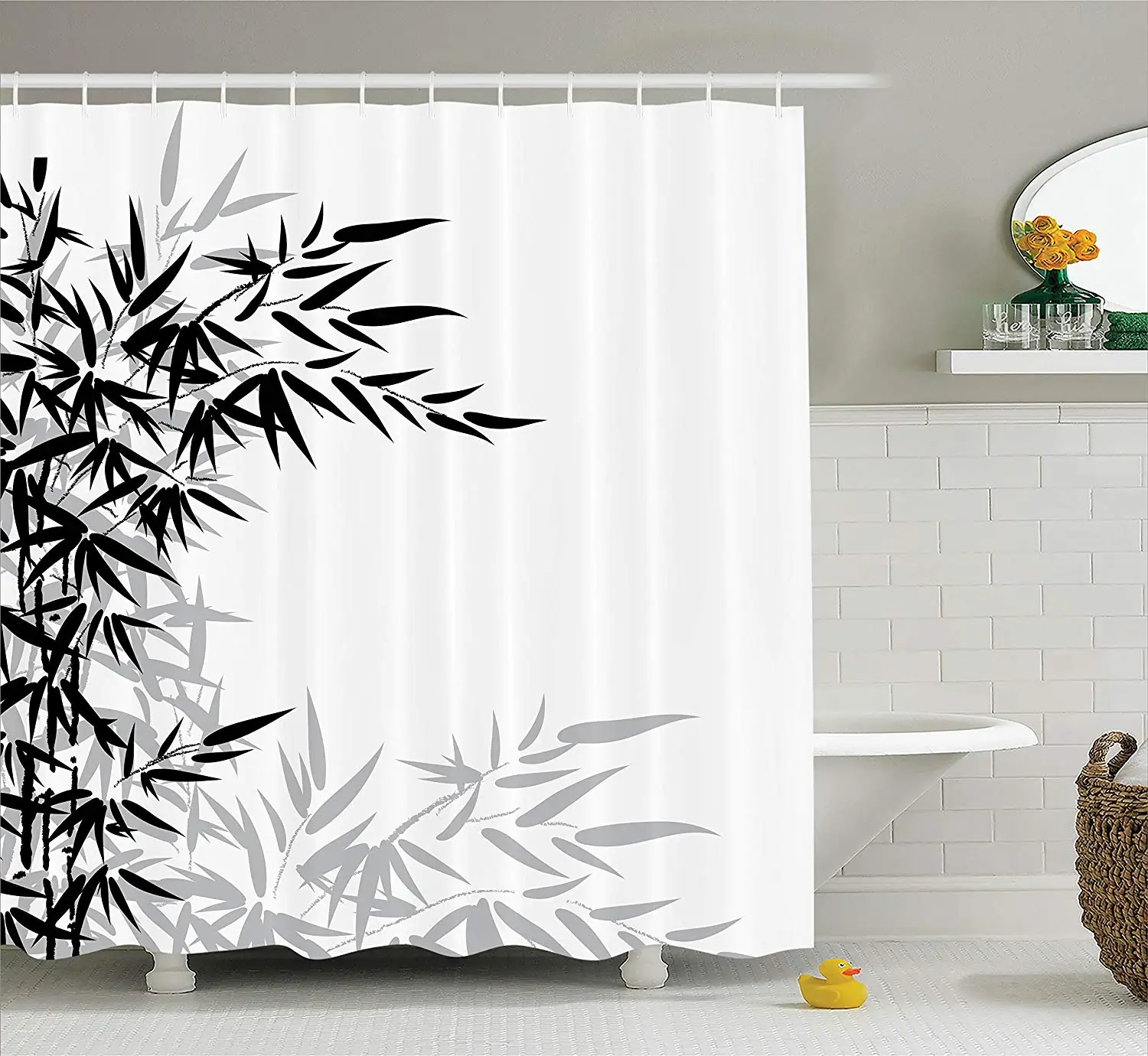 Bamboo House Decor Shower Curtain, Leaves On Clear Simple Background Organic Life Artistic Illustration, Bathroom Decor