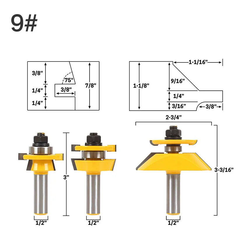 3 Бит поднятая панель двери шкафа маршрутизатор Набор бит-конический-1/" хвостовик деревообрабатывающий режущий шип резак для деревообрабатывающих инструментов - Длина режущей кромки: NO9