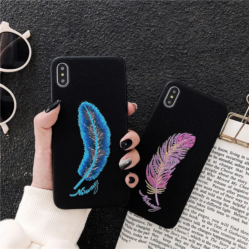 Милый чехол для iPhone 6s 7 8plus с 3d-вышивкой синими перьями XS XR xsmax мобильный телефон |
