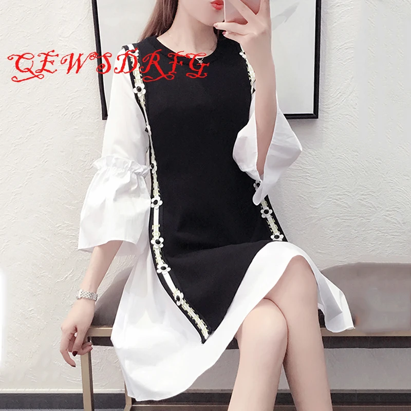 

L-4XL Plus Size 2019 Autumn Two Piece Set O Neck Sleeveless Vest Waistcoat For Women Flare Sleeve Dress Female Korean Fashion