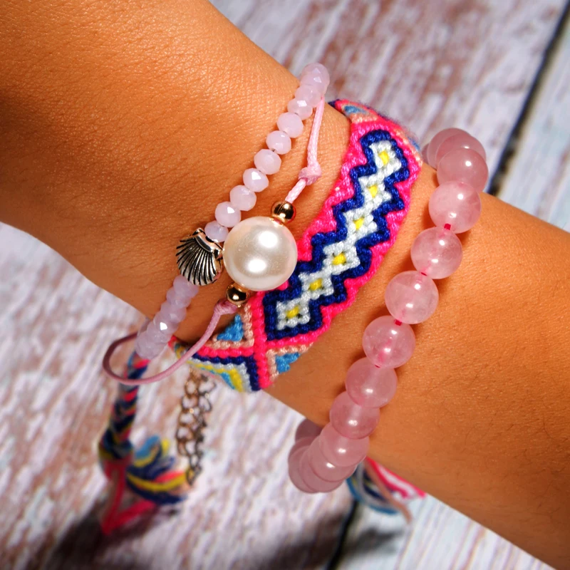 

MOON GIRL Handweave Bohemian Bracelet Pink Crystal 4 Pieces Summer Charm Bracelet Femme Friendship Gift Jewelry Drop Shipping