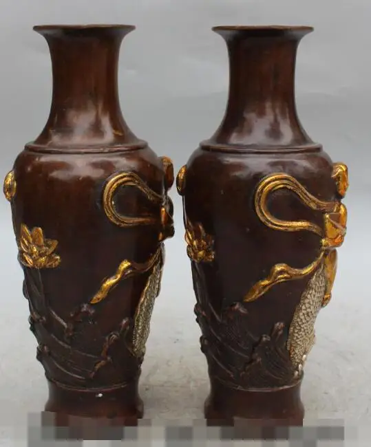 

S1935 10" Marked China Bronze Gilt Silver Wealth Boy Girl Fish Vase Bottle Pair Statue