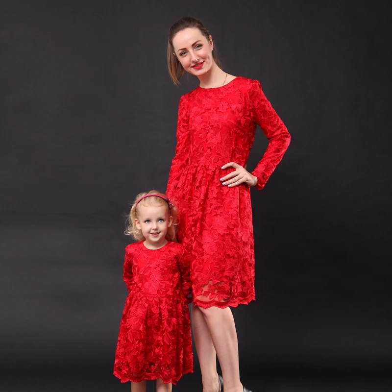 Autumn floral embroidery lace dress family look clothes girl kids fashion party dress matching