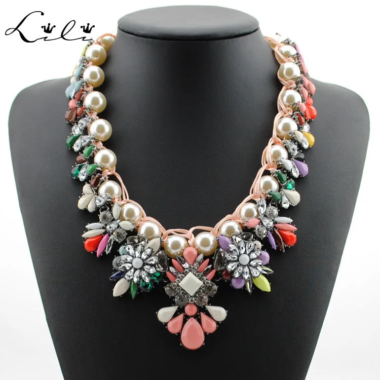 New 2015 Shourouk Luxury Brand Necklace Bead Crystal Flower Necklaces & Pendants Statement Pearl