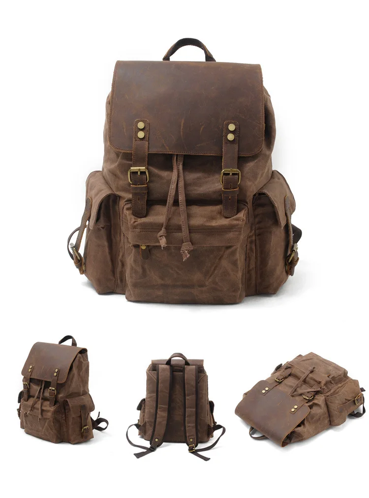 COLOR DISPLAY COFFEE of Woosir Vintage Waxed Canvas Leather Waterproof Travel Backpack