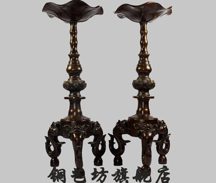 

13'' China Bronze Feng Shui A pair three Lions Leg Candlestick Statu
