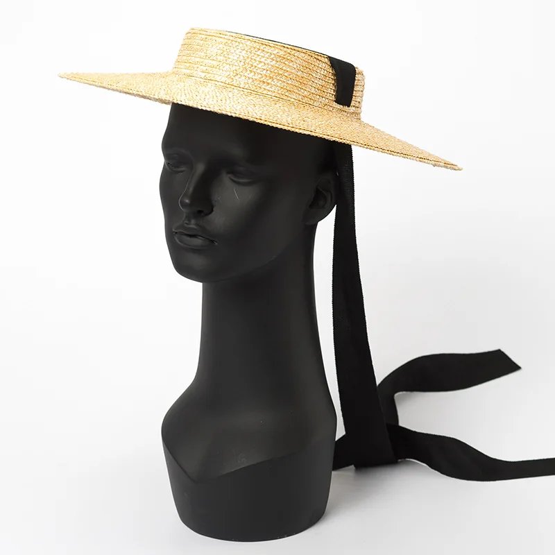 2021 2019 Women Shallow Flat Top Straw Hat With Black Mesh Head Cover
